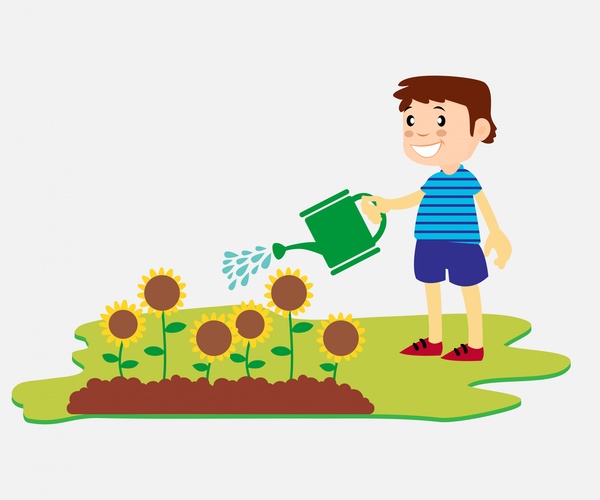 happy boy watering the flowers