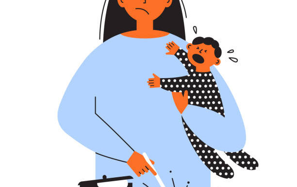 Frustrated parent concept. Exhausted mom holding crying kid and cooking food on stove. Tired mother with little baby on hands. Motherhood problems, postpartum depression. Sad woman vector illustration