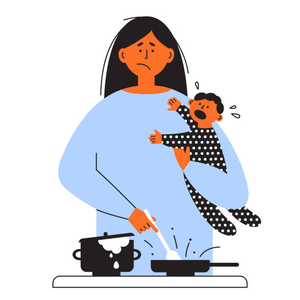 Frustrated parent concept. Exhausted mom holding crying kid and cooking food on stove. Tired mother with little baby on hands. Motherhood problems, postpartum depression. Sad woman vector illustration.